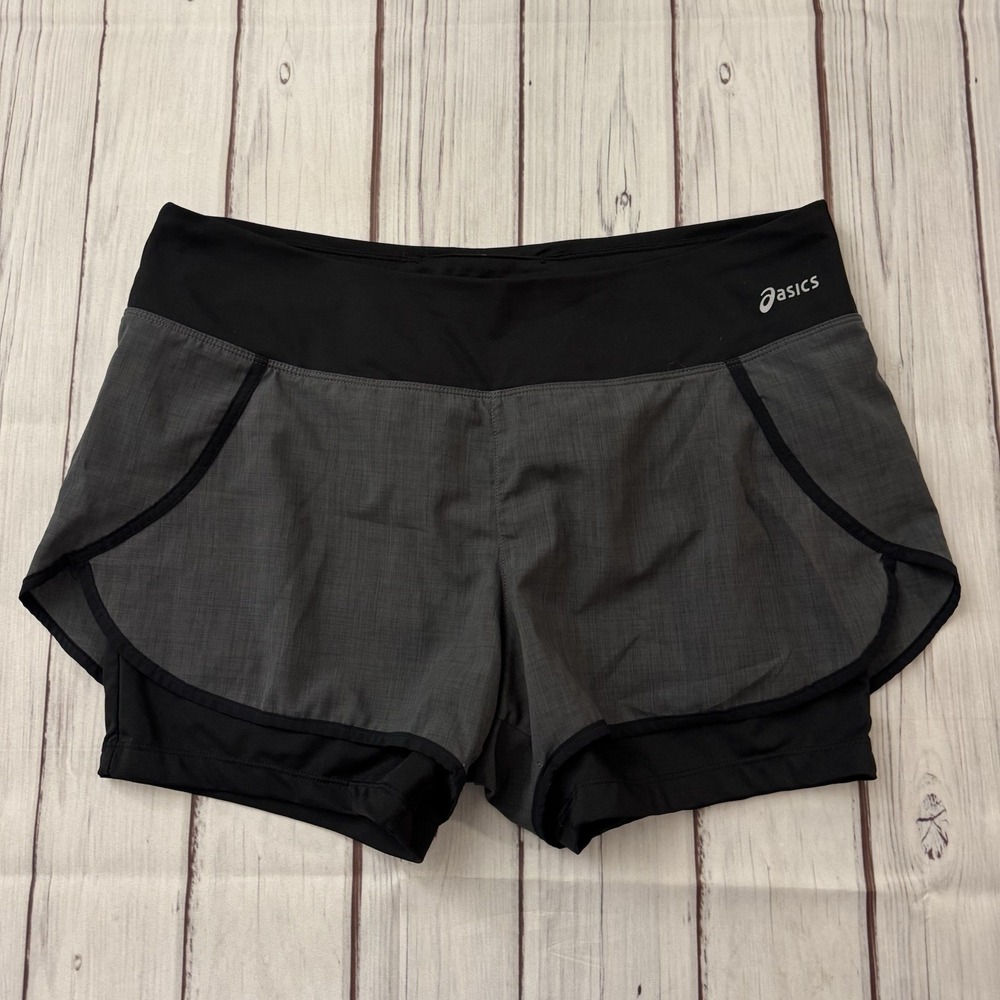 OASICS Gray Black Athletic Workout Yoga SHORTS Size Large‎ Activewear Lined
